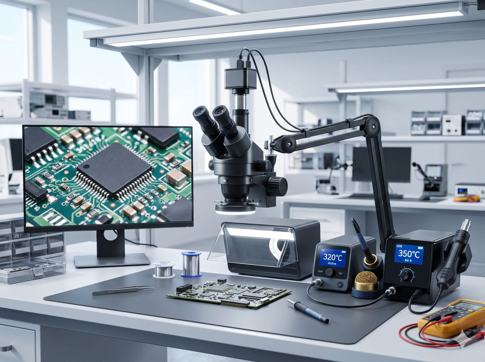 Réparation iPhone Rimini — board-level repair bench with trinocular microscope and soldering station